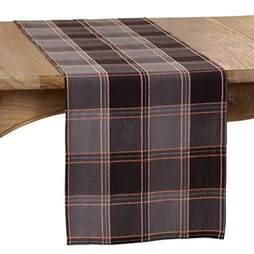 Fennco Styles Holiday Plaid Stitched Cotton Table Runner 16&quot; W x 72&quot; L - Black Table Cover for Home, Dining Table, Banquets, Family Gathering and Special Occasion