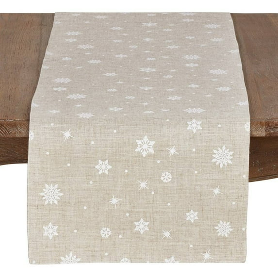 Fennco Styles Holiday White Snowflake Design Poly-Linen Natural Table Runner 16" W x 70" L - Natural Rectangular Table Cover for Home Décor, Banquets, Family Gatherings and Special Occasions