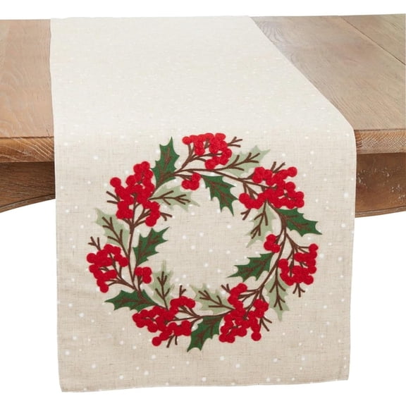 Fennco Styles Holly Berry Wreath Christmas Table Runner 16"W x 70"L - Natural Festive Linen Blend Table Cover for Winter Holidays Dcor, Dining Table, Banquet, Family Gathering, and Special Occasions