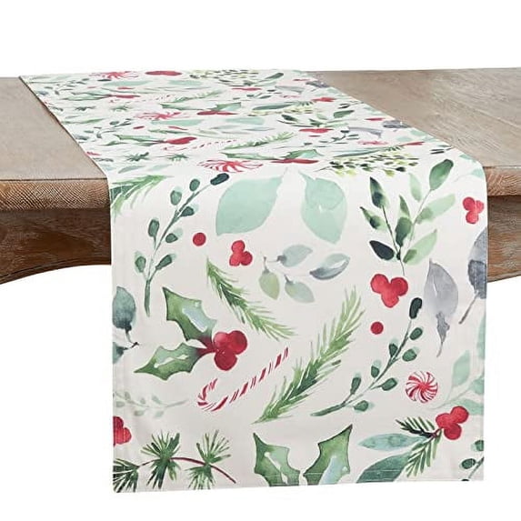 Fennco Styles Holly & Candy Canes Table Runner 16" W x 90" L – Multicolor Table Cover for Christmas, Dining Room, Holiday Décor, Banquets and Special Events