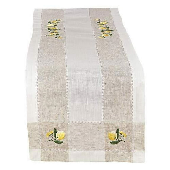 Fennco Styles Hommage BrodÃ© Collection Cottage Lemon Embroidery Border Hemstitch Table Runner 15 x 70 Inch â€“ Ivory Table Cover for Wedding, Banquet, Tea Party and Home DÃ©cor