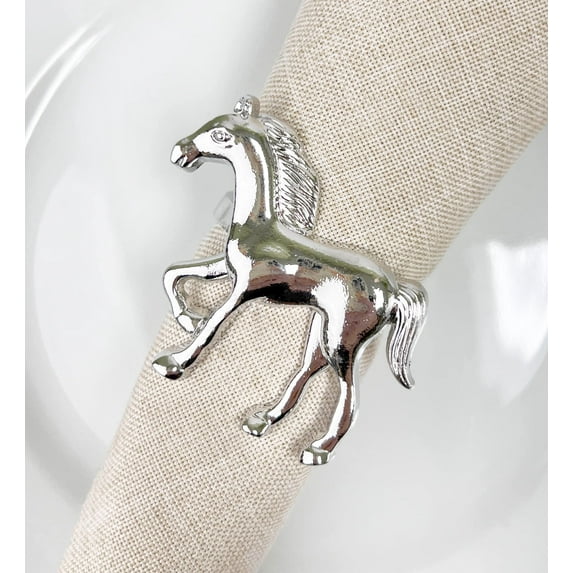 Fennco Styles Horse Metal Napkin Rings, Set of 4 - Silver Animal Napkin Holders for Home, Dining Table Décor, Banquets, Holidays, Family Gatherings and Special Occasions