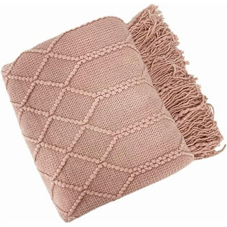 Fennco Styles Irregular Rhombus Diamond Knit Fringe Throw Blanket 50" W x 60" L – Pink Geometric Woven Blanket for Couch, Bedroom and Living Room Décor