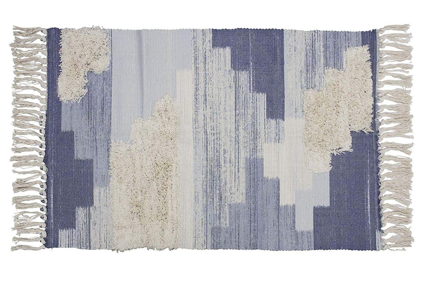 Fennco Styles Ivory Blue Geometric Print Woven Rug Tassel Area Rug 2' x ...