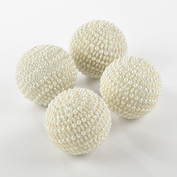 Fennco Styles Ivory Pearl Decorative Ornaments, 4" Beaded Design Accent Balls, Set of 4