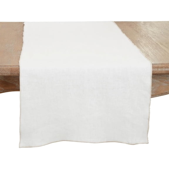 Fennco Styles Ivory Stonewashed Stitch Border Table Runner 16" W x 72" L - 100% Linen Solid Color Table Cover for Home, Dining Table Décor, Holidays, Banquets, and Special Occasions
