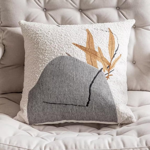Fennco Styles Jacquard Stone Leaf Design Decorative Throw Pillow Cover 18" W X 18" L – White Woven Art Style Square Cushion Case for Couch, Sofa, Bedroom, Office and Living Room Décor