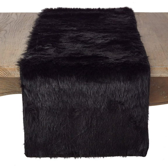 Fennco Styles Juneau Black Faux Fur Table Runner 15"W X 54"L - Solid Color Soft Plush Table Cover for Home, Dining Room, Banquets, Holiday and Special Occasion