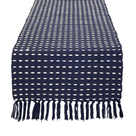 Fennco Styles Kensrue Collection Rustic Dashed Woven Cotton 16 x 72 Inch Table Runner â€“ Navy Blue