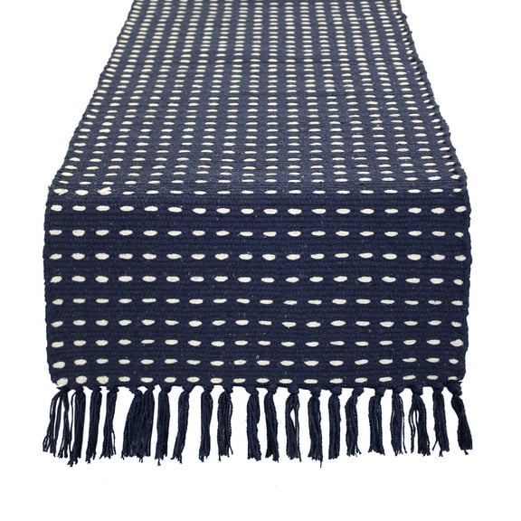 Fennco Styles Kensrue Collection Rustic Dashed Woven Cotton 16 x 72 Inch Table Runner â€“ Navy Blue