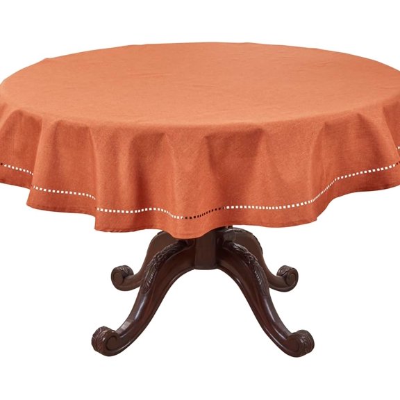 Fennco Styles Laser-Cut Hemstitch Tablecloth 60" Round - Rust Soft Textured Elegant Table Cover for Home Décor, Dining Table, Banquet, Family Gatherings, and Special Occasions