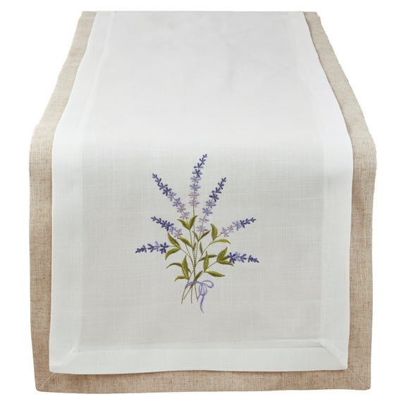 Fennco Styles Lavandula Collection Country Double Layer Lavender Design Linen Blend 16 x 72 Inch Table Runner â€“ Ivory