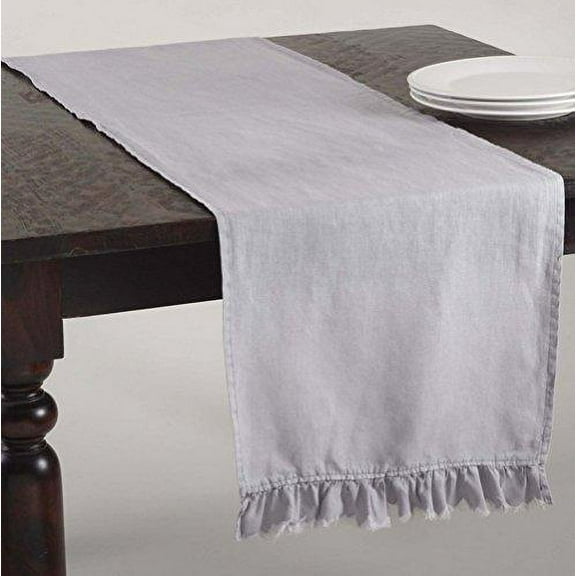 Fennco Styles Leona Ruffled Stone Washed Linen Table Runner - 16"x70" - 5 Colors (Fog)