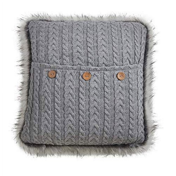 Fennco Styles Lillian Collection Country Faux Fur Trim Button Cable Knit 18 x 18 Inch Throw Pillow