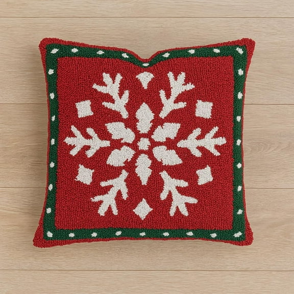 Fennco Styles Loop Tufted Snowflake Christmas Filled Throw Pillow – 17" X 17" Festive Red Cushion Cover for Winter Holiday Décor, Sofa, Couch, or Bed