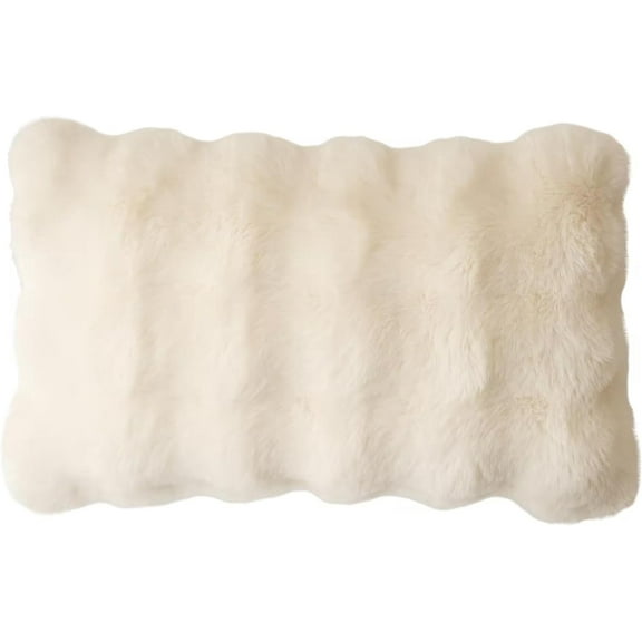 Fennco Styles Luxury Faux Fur Decorative Lumbar Throw Pillow Cover 12" W X 20" L – Ivory Plush Fluffy Cushion Case for Couch, Bedroom, Living Room and Office Décor