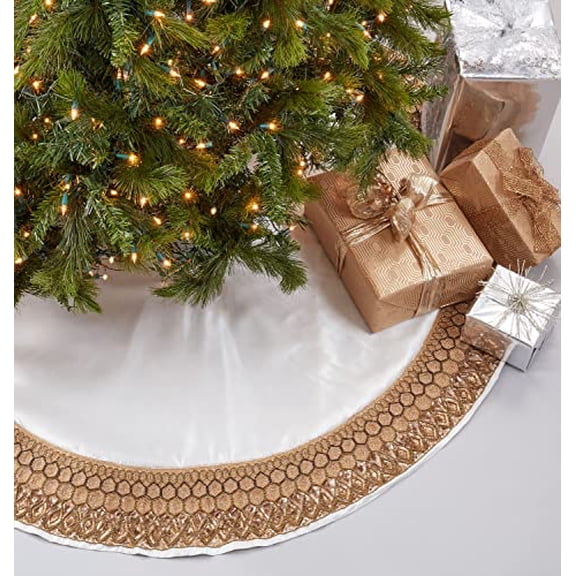 Fennco Styles Luxury Hand Beaded Border Tree Skirt 54 Inch Round - Gold Festive Tree Skirt for Home, Holiday Decoration and Special Occasion