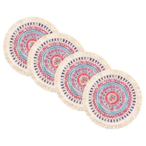 Fennco Styles Mandala Boho Woven Fringe Cotton Placemats 13" Round, Set of 4 - Multicolored Printed Heat Resistant Insulation Table Mats for Home, Kitchen Décor, Dining Table, Banquets, Holidays