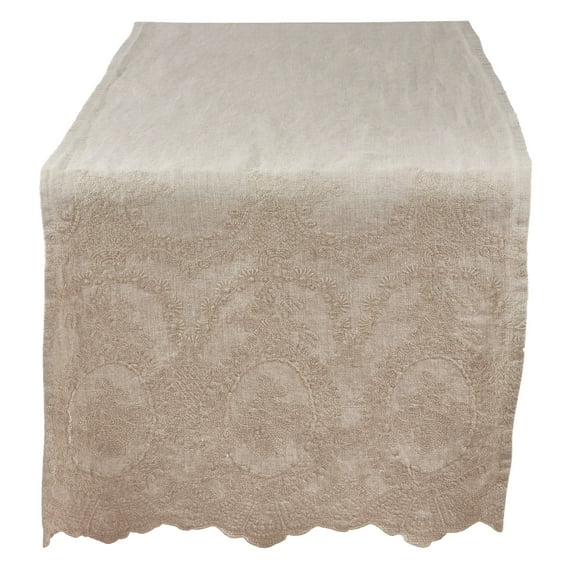 Fennco Styles Matilda Collection Classic Embroidered Stonewashed Pure Linen 16 x 72 Inch Table Runner – Natural Table Runner for Banquets, Wedding, Special Events and Home D?cor