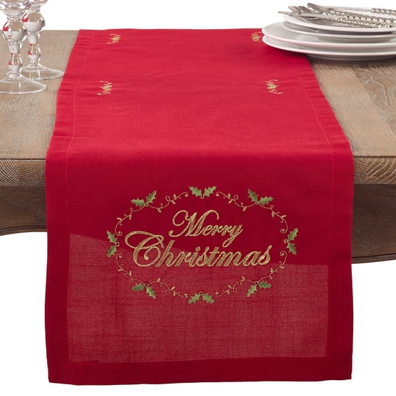 Fennco Styles Merry Christmas Embroidered Design Holiday Table Topper Tablecloth (14"x90" Table Runner)