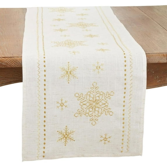 Fennco Styles Metallic Gold Embroidered Snowflake Christmas Table Runner 16" W x 72" L - Natural Linen Blend Table Cover for Winter Holidays, Family Gatherings, Banquets, Special Events