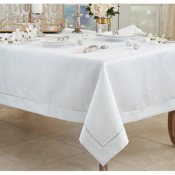 Fennco Styles Metallic Piping Shimmering Tablecloth 50" W x 70" L - White Table Cover for Home, Dining Room Décor, Holiday, Banquet, Family Gathering and Special Occasion