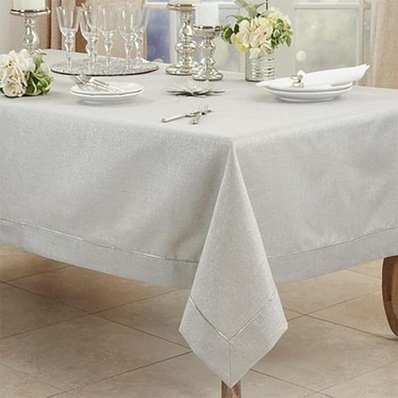Fennco Styles Metallic Piping Shimmering Tablecloth 70" W x 70" L - Silver Table Cover for Home, Dining Room Décor, Holiday, Banquet, Family Gathering and Special Occasion