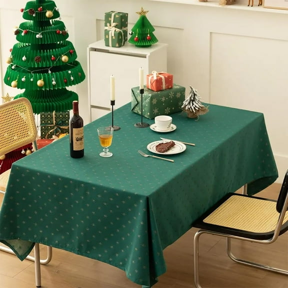 Fennco Styles Metallic Snowflake Holiday Design Jacquard Woven Tablecloth 60" W x 104" L - Green Christmas Table Cover for Home Décor, Winter Holidays, Dining Table, Banquets and Family Gathering
