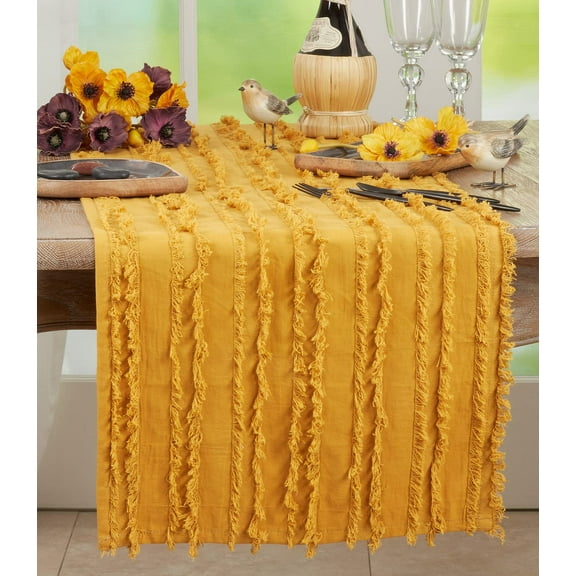 Fennco Styles Modern Fringe Stripe Cotton Table Runner 15"W x 72"L - Mustard Rectangular Table Cover for Home Décor, Dining Table, Banquet, Everyday Use and Special Occasion