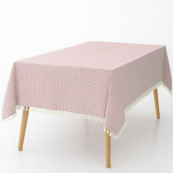 Fennco Styles Tiny Houndstooth Design Everyday Tablecloth 56" W X 56" L - Pink Cotton Blend Tassels Table Cover for Dining Room, Banquets, Holidays, Special Events and Home Décor
