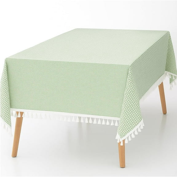 Fennco Styles Tiny Houndstooth Design Everyday Tablecloth 56" W X 88" L - Green Cotton Blend Tassels Table Cover for Dining Room, Banquets, Holidays, Special Events and Home Décor