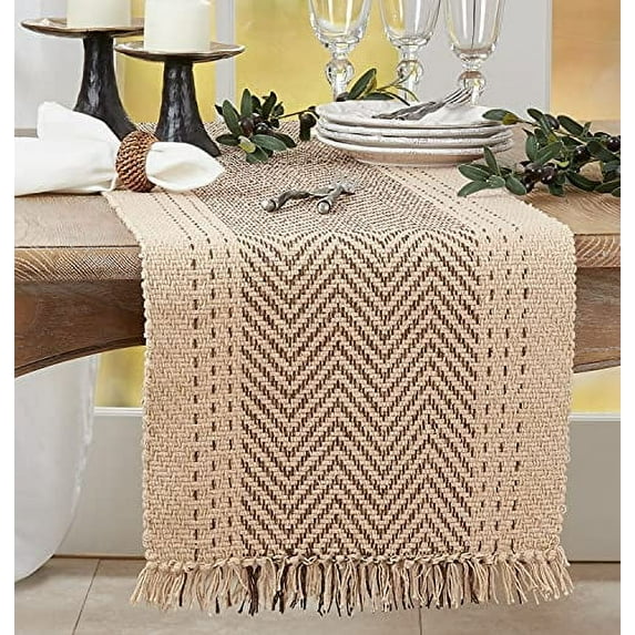 Fennco Styles Modern Kantha Stitch Design 100% Cotton Table Runner 16 x 108 Inch - Natural Table Cover for Everyday Use, Dining Room Décor, Family Gathering and Special Occasion
