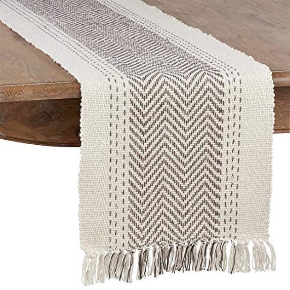Fennco Styles Modern Kantha Stitch Design 100% Cotton Table Runner 16 x 120 Inch - Grey Table Cover for Everyday Use, Dining Room Décor, Family Gathering and Special Occasion