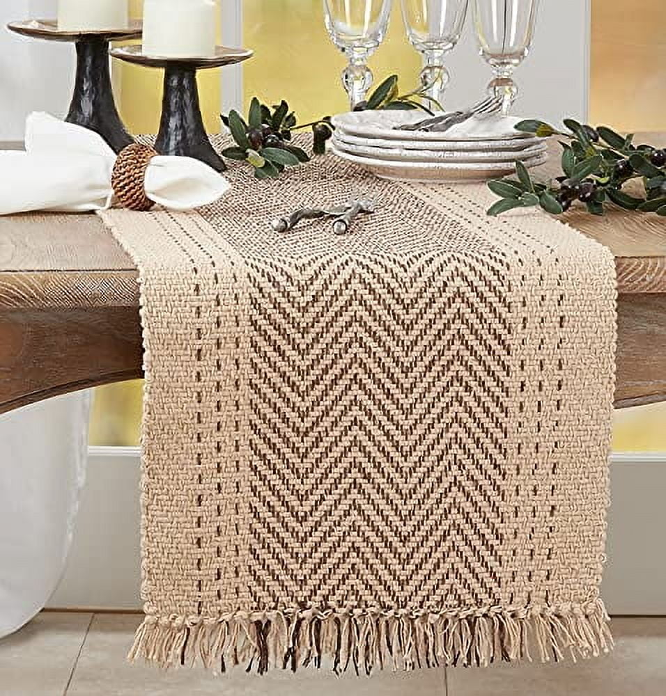 Natural Cotton Kantha Stitch Table Runner with Fringed Edges