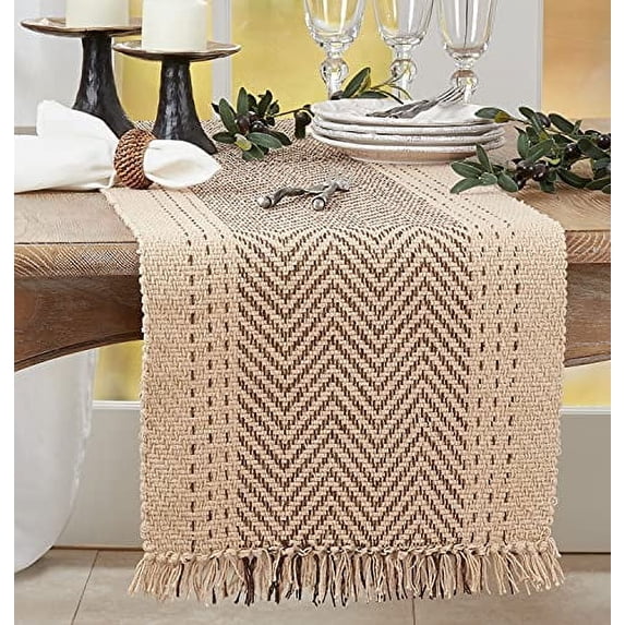 Fennco Styles Modern Kantha Stitch Design 100% Cotton Table Runner 16 x 120 Inch - Natural Table Cover for Everyday Use, Dining Room Décor, Family Gathering and Special Occasion