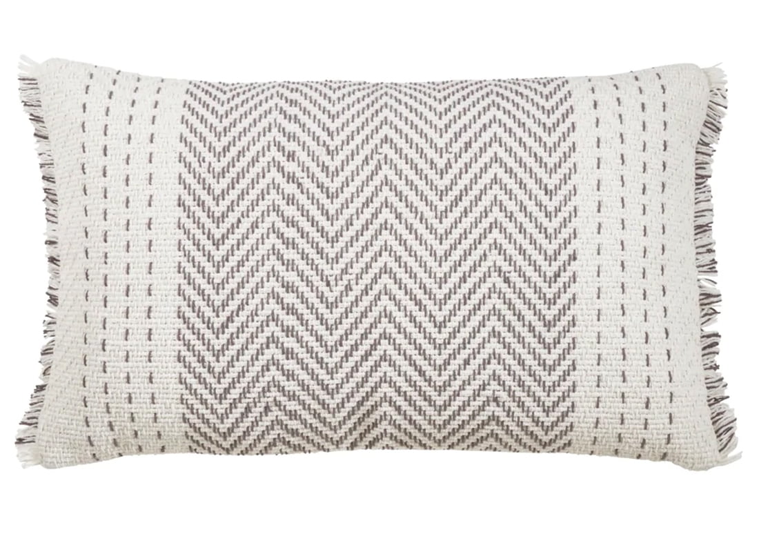 Gray Kantha Stitch Cotton Throw Pillow with Insert