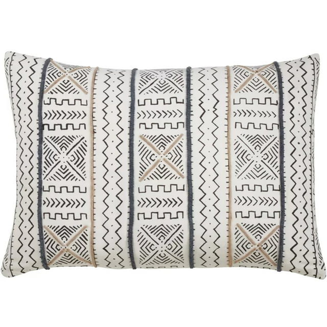 Fennco Styles Modern Mud Cloth Design 100% Cotton Decorative Throw Pillow Cover & Insert 14 x 20 Inch White Multi