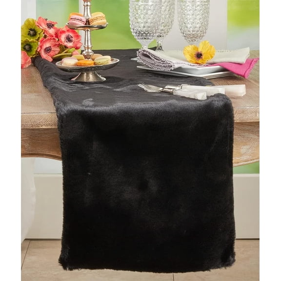 Fennco Styles Modern Solid Faux Rabbit Fur Table Runner 14" W x 72" L – Black Plush Table Cover for Dining Room, Banquets, Family Gatherings, Holidays, Special Events and Home Décor
