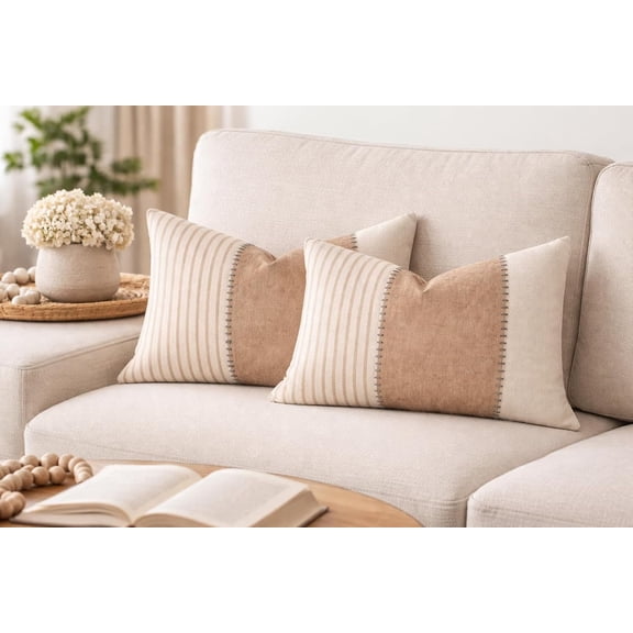Fennco Styles Modern Stitched Light Beige Rustic Striped Throw Pillow with Insert 12" X 20", 2-Pack