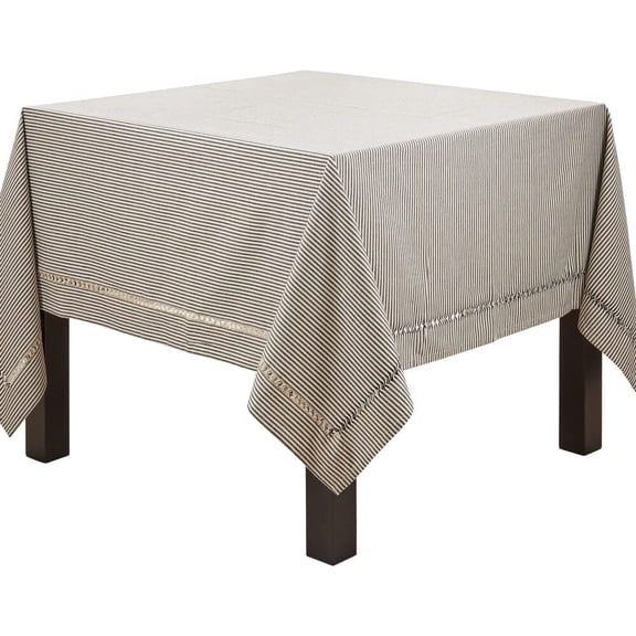 Fennco Styles Modern Stripe Design Hemstitch Cotton Tablecloth 70" W x 70" L - Black & White Woven Table Cover for Home Décor, Dining Table, Banquet, Family Gathering and Special Occasion