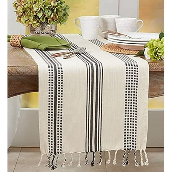Fennco Styles Modern Stripe Textured Fringe Table Runner 16" W x 108" L - Black Woven Table Cover for Home Décor, Dining Table, Banquet, Family Gathering and Special Occasion