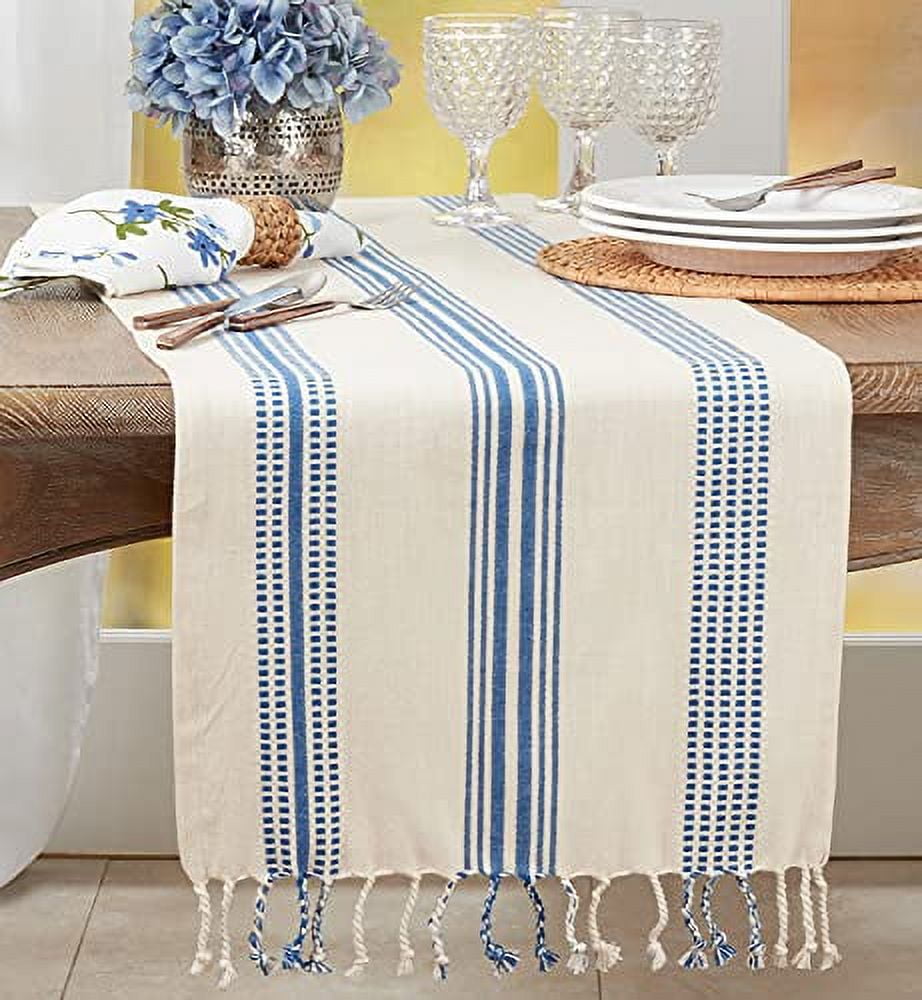 Fennco Styles Modern Stripe Textured Fringe Table Runner 16 W x 120 L -  Navy Blue Woven Table Cover for Home Décor, Dining Table, Banquet, Family