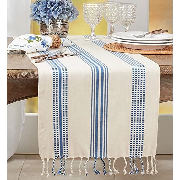 Fennco Styles Modern Stripe Textured Fringe Table Runner 16" W x 72" L - Navy Blue Woven Table Cover for Home Décor, Dining Table, Banquet, Family Gathering and Special Occasion