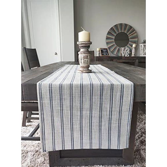 Fennco Styles Modern Striped Linen Blend Table Runner 16" W x 108" L - Indigo Woven Table Cover for Home Décor, Dining Table, Banquets, Family Gathering and Special Events