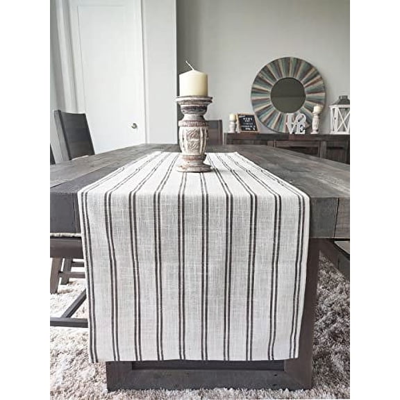 Fennco Styles Modern Striped Linen Blend Table Runner 16" W x 108" L - Slate Woven Table Cover for Home Décor, Dining Table, Banquets, Family Gathering and Special Events