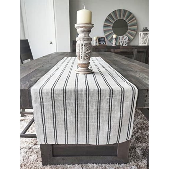 Fennco Styles Modern Striped Linen Blend Table Runner 16" W x 72" L - Black Woven Table Cover for Home Décor, Dining Table, Banquets, Family Gathering and Special Events
