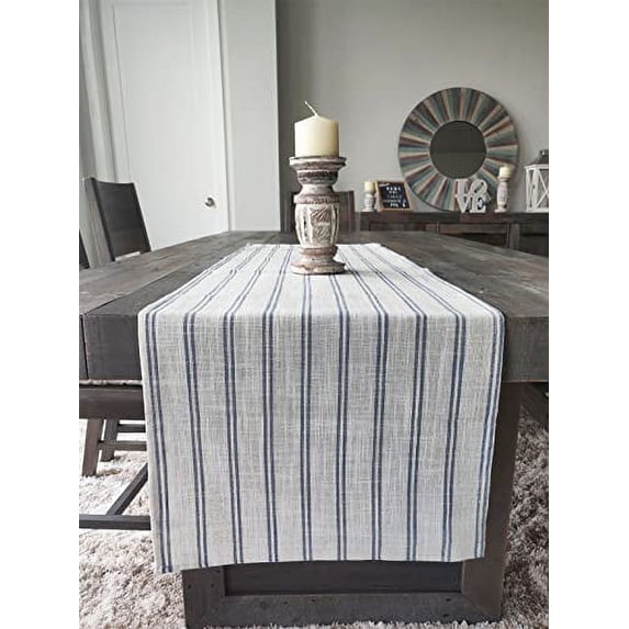 Fennco Styles Modern Striped Linen Blend Table Runner 16" W x 90" L - Indigo Woven Table Cover for Home Décor, Dining Table, Banquets, Family Gathering and Special Events