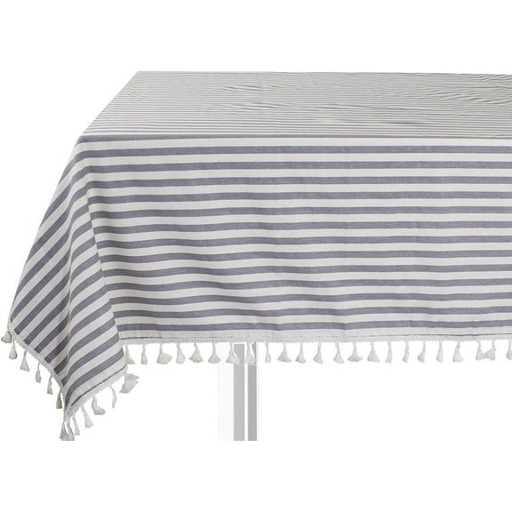 Fennco Styles Modern Striped Tassel Cotton Blend 55 x 55 Inch Tablecloth - Gray Table Cover for Banquets, Holiday, Special Events, Outdoor and Home Décor