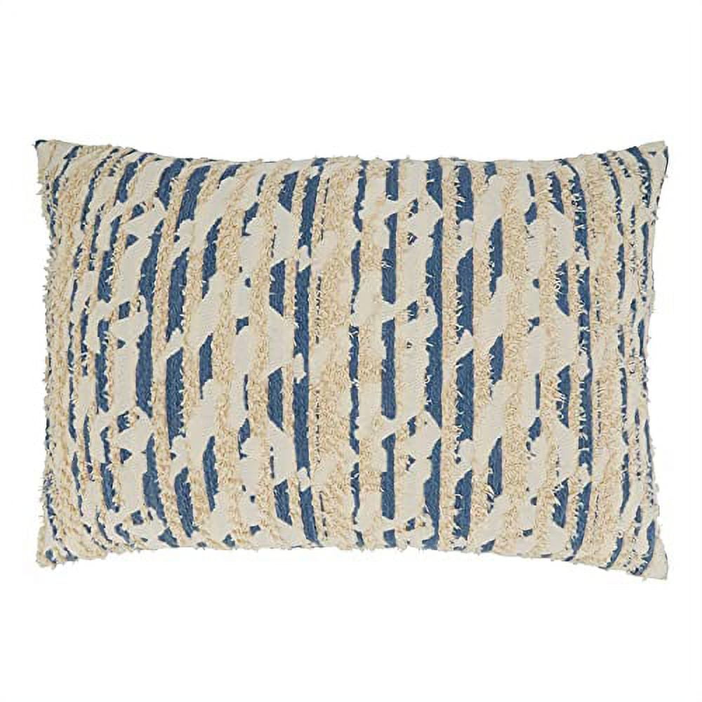 Blue and Beige Textured Cotton Lumbar Throw Pillow 16"x24"