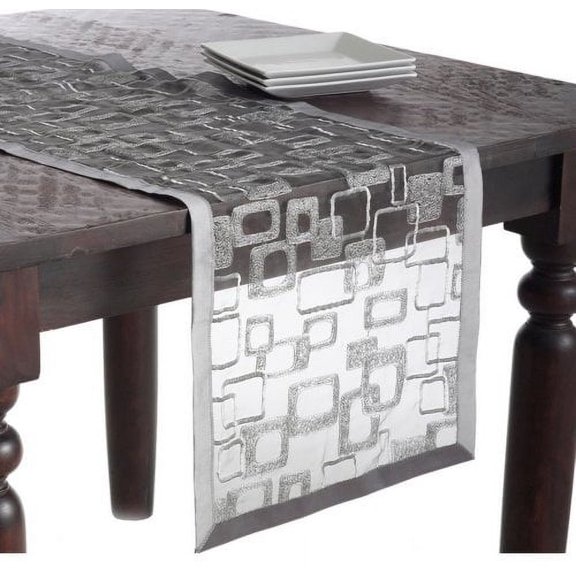 Fennco Styles Mondrian Embroidered Geometric Design Tablecloth (Silver, 16"x72")